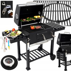 Grill Węglowy Ogrodowy Żeliwny Ruszt Duży Pokrywa Popielnik Termometr 136CM